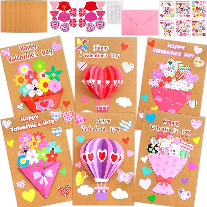 ceiba tree Valentine's Day Crafts for Kids Cards Making Kits 12 Pcs DIY 3D Hot Air Balloon Bouquet Greeting Card with Cutouts Sticker and Envelopes Bulk for Classroom Activities Party Favors