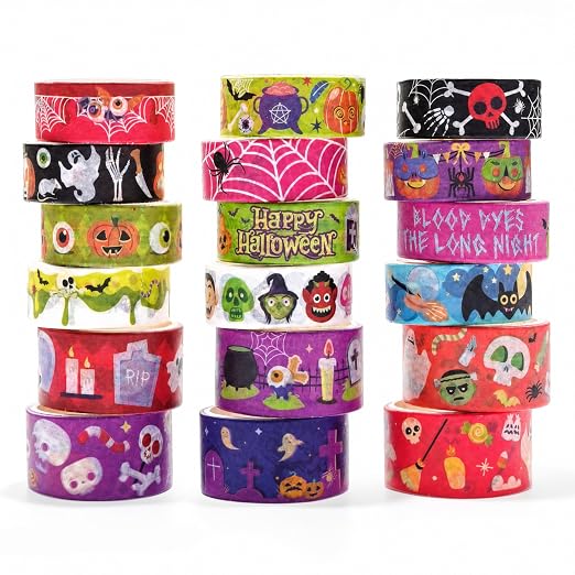 Halloween Washi Tape Set Pumpkin Scrapbook Tape 18 Rolls | Pumpkin Pattern Washi Tape Set With 18 Rolls, 0.59in and 0.79in Widths for Journaling, Scrapbooking and DIY Crafts