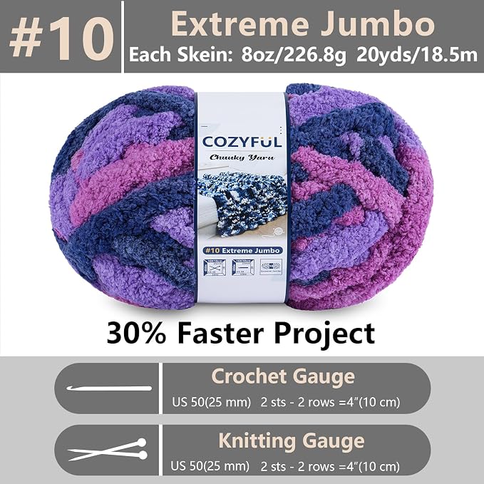 Cozyful Chunky Yarn for Hand Knitting - #10 Chunky Chenille Blanket Yarn, Jumbo Big Thick Chunky Yarns for Crocheting, Tie Dye Bulky Knit Yarns, 8 Skein (20 yds 8 oz Each Skein), Multi Purple