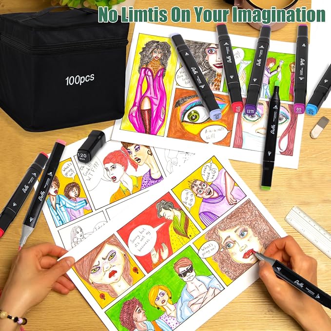 Art Marker Sets 100 Colors - Alcohol Based Markers Dual Tips Art Supply | Double Side Tips Marker with Blender for Drawing Sketching Coloring - Professional Permanent Markers for Kids Adult Artist