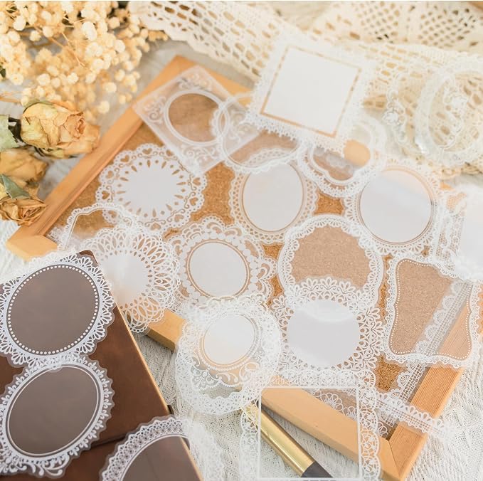 PRSTINCOL 120 PCs Lace Scrapbook Stickers,Waterproof Cutout Transparent Sticker PET Transparent Lace Stickers for Scrapbooking DIY Decoration Making Notebook Frame Album Handmade