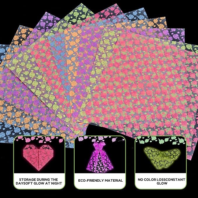 JoyCat Floral Glow in the Dark Origami Paper, 50 Sheets, 6x6 Inch | Five rose garden designs charge under light and glow in the dark for flowers, night decor, gifts and magical paper crafts.