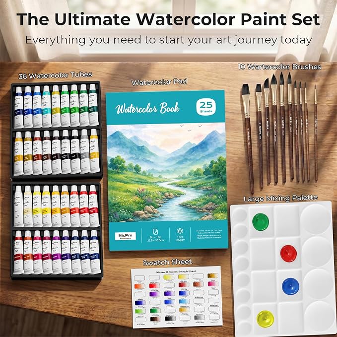 Nicpro Watercolor Paint Set for Adults, 36 Colors Watercolor Tube Set | 12ml/0.4oz Tube, 10 Squirrel Watercolor Brushes, 25-Sheet 9x12“ Watercolor Paper Book, 20-Well Palette, Water Color Supplies