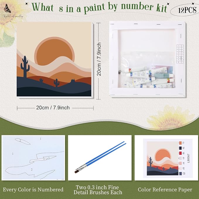 Nezyo 12 Sets Paint by Numbers Kit with Frame for Adults, Acrylic 8x8 Inch | DIY Canvas Ideal for Beginners, Great for Parties and Classroom Activities, Includes Brushes and Paints, Birthday Gift