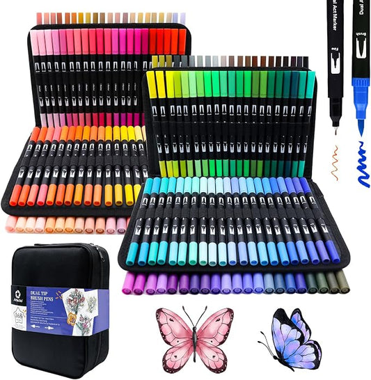 Artecho 168 Colors Dual Tip Markers for Adult Coloring Books with Bag | Drawing Pens For School, Fine and Brush Tip, Calligraphy, Drawing, Sketching
