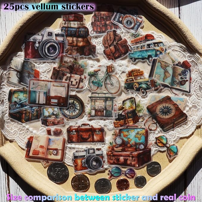 CATaireen Vintage Junk Journal Ephemera Scrapbooking Supplies Translucent Vellum Paper Stickers Card Making Decal Art Aesthetic for Adults (Character Travel -1)