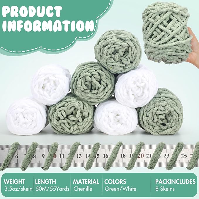 Buryeah 8 Pack Chunky Chenille Yarn for Crocheting, White, Green