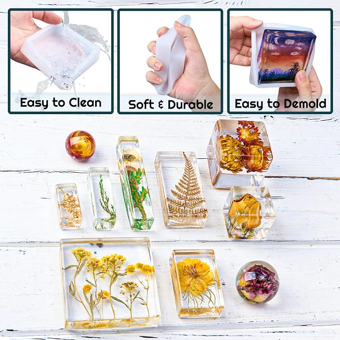 12 PCS Extra Deep Resin Cube Molds Silicone, 4" Large Resin Molds Silicone | Cube Silicone Mold for Epoxy Resin, Sphere Resin Mold with Tools for Preserving Flower Insect Specimen Bookend Flexible Clear