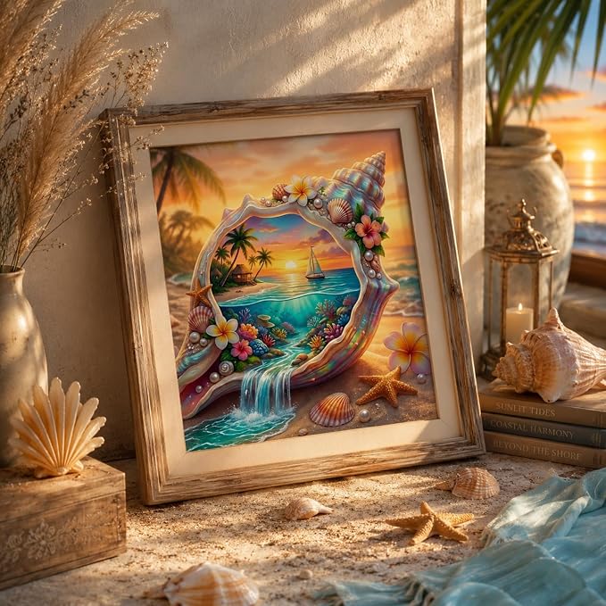 5D Seashell Beach Diamond Art kits for Adults Beginners 13.8x13.8 Inch | Ocean Sunset Diamond Painting Kit, DIY Full Round Drill Paint by Diamonds Dot Gem Art for Adult, Home Wall Decor