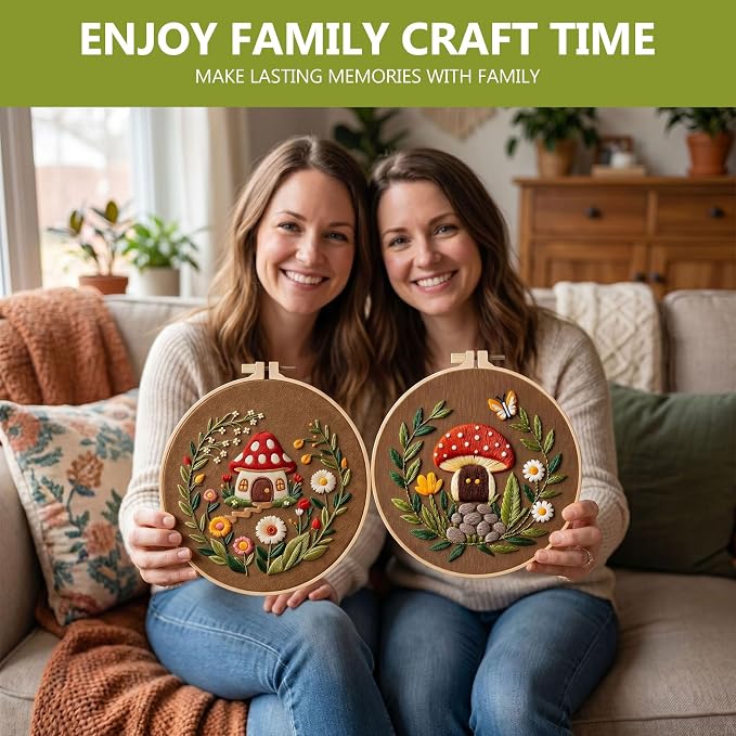 Santune 3 Pack Embroidery Kit Cross Stitch Needlepoint Kits for Beginners Adult Needle Point Sets with Mushroom & Horse Embroidery Patterns, Includes Step-By-Step Instructions & Accessories