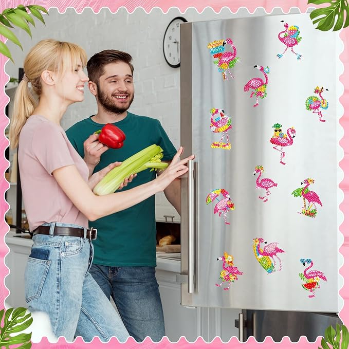Zonon 12 Pcs Summer Flamingo Diamond Art Magnets DIY Fridge Decor | Beach Tropical Theme with Colorful Rhinestones, Hawaiian Party Sign, Magnetic for Refrigerator Cabinets Lockers Decor