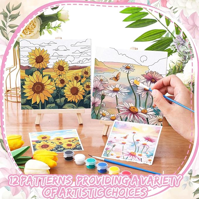 Tenceur 12 Sets Pre Drawn Canvas to Paint Adult Stretched Coloring Painting Canvas Panels with Design Easel and Brushes for Party Supplies Beginner Favor(Flower)