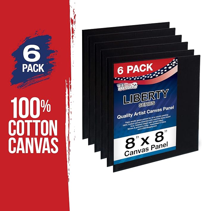 U.S. Art Supply 8 X 8 Inch Black Art Canvas Board Panels 6 Pack - 8 Ounce