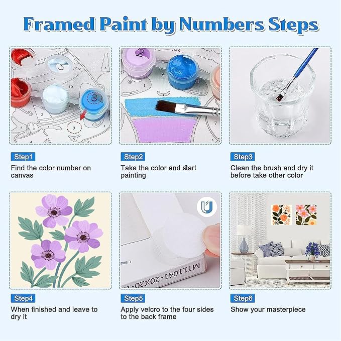 Canrichshop 4 Pack Adult Paint by Number Kits Beginner & All Ages 4-8-12 and More,Framed Flowers Painting by Numbers, DIY Paint by Numbers for Adults for Decor Present 8X 8 inch