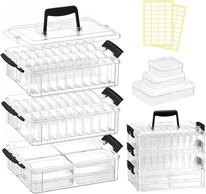 Bead Organizer Box 58 Pcs, 3-Tier Stackable Storage Box, and 3 Different Container Sizes Small Plastic Containers with Lids, Portability, Clear Organizers for Jewelry DIY Craft Storage
