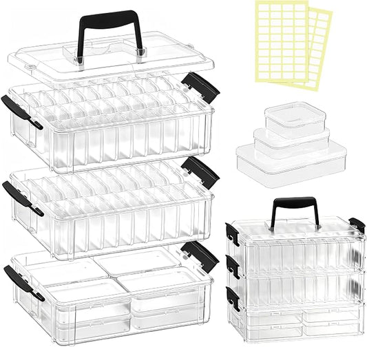 Bead Organizer Box 58 Pcs, 3-Tier Stackable Storage Box, and 3 Different Container Sizes Small Plastic Containers with Lids, Portability, Clear Organizers for Jewelry DIY Craft Storage