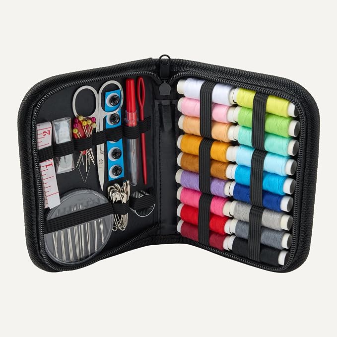 Amazon Basics Portable Travel Sewing Kit for Adults, Includes Threads, Needles, Scissors, Buttons, Thimbles, Measuring Tape, Threader, Seam Ripper and Safety Pins, Black