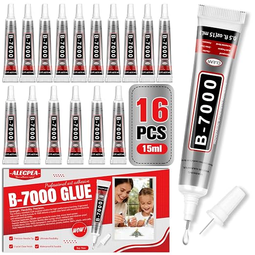 ALECPEA B7000 Bedazzling Glue, 16 Pack 15ml Clear Rhinestone Adhesive for Crafts, Jewelry Making, Nail Art, Fabric, Shoes, Clogs and Graduation Cap Decor