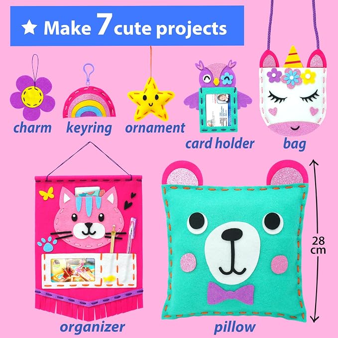 KRAFUN My First Sewing Kit for Kids Ages 6-12 | 7 Animal Dolls | 7 stuffed animal & plush pillow projects. Pre-punched felt & instructions included. Gift for girls & boys