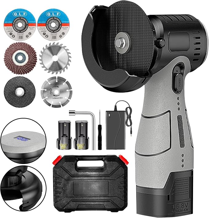 ZFULVO Cordless Angle Grinder Brushless Kit 19500rpm Cutting and Grinding | 3-Inch Mini Electric Angle Grinding Tool, 2x16.8V 2000mAh Battery & 6-Cutting Discs Grinder Handheld Cutter for Metal Wood