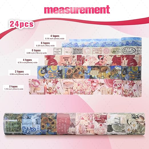 24 Rolls Flower Decorative Washi Tape Set(Romantic Eternal Series) | Adhesive Wahi Tape For DIY Art Crafts,Planners, Bullet Journaling,Gift Wrapping,Scrapbooking and Junk Journal Supplies