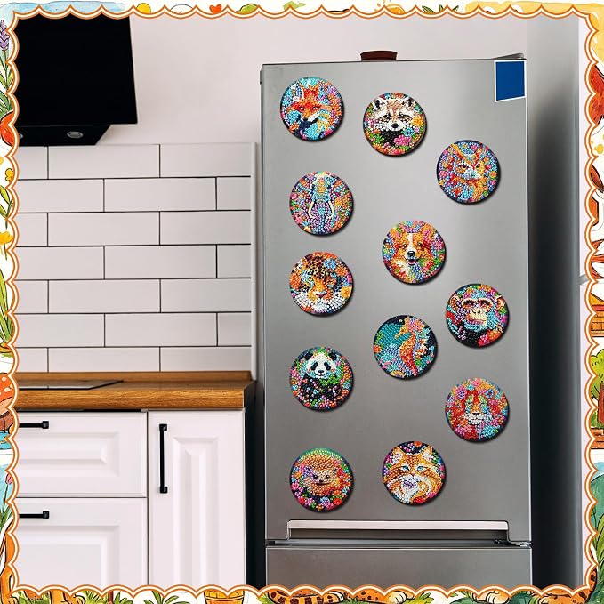 Zonon 12 Pcs Diamond Painting Magnets Kits, Psychedelic Animal Fridge | Boho Floral Animal Art Stickers, Easy DIY Magnetic Decor for Adults, Refrigerator Decorations, Colorful Home Designs