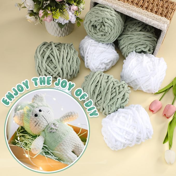 Buryeah 8 Pack Chunky Chenille Yarn for Crocheting, White, Green