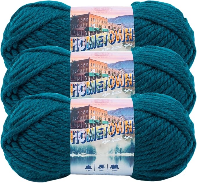 Lion Brand Yarn Hometown Yarn, Super-Bulky Yarn for Knitting, Crocheting, and Crafting, 3 Pack, Montpelier Peacock | Super Bulky Acrylic Fiber for Warm Crochet Blankets, Knit Winter Hats, Chunky Cardigans, Soft Scarves, Weaving