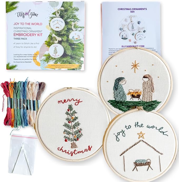 Elly & Grace Christian Embroidery Kit with Embroidery Hoop, Easy Embroidery Kit for Beginners and Adults, Full Embroidery Hoop Kit with Needles and Thread Included (Joy to The World)