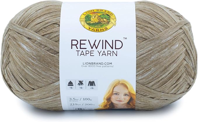 Lion Brand Yarn, Rewind Bulky Flat Tape Yarn for Crochet, Knitting and Crafts, Willow, 1 Pack, Soft Fiber for Bags, Summer Hats, and Shawls, Khaki Brown