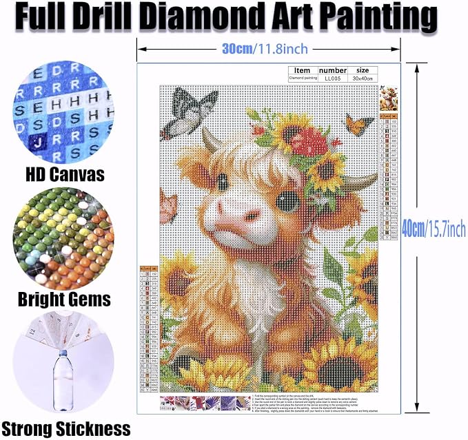 Yanfairy Highland Cow Diamond Art Kits for Adults, Round Full Drill Paint with Diamond Gem Art Crafts Kits, DIY Cow Sunflower 5D Diamond Painting Kits, Beginners Diamond Dots Wall Decor 12x16inch