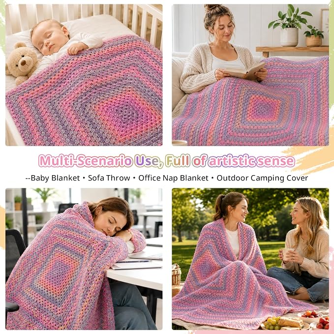 Coopay Gradient Crochet Kit for Beginners Adults, Granny Square Blanket Kit