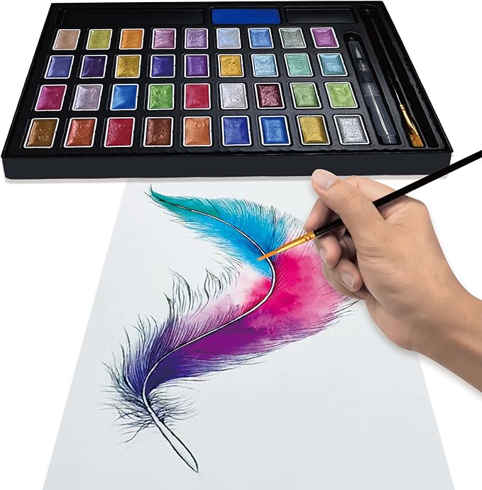 Shimmer Watercolor Paint Set, 36 Colors Glitter Metallic Watercolour Painting Sets, Solid Pearl Water Color Paints for Artists, Amateur Hobbyists and Painting (36 Colours)