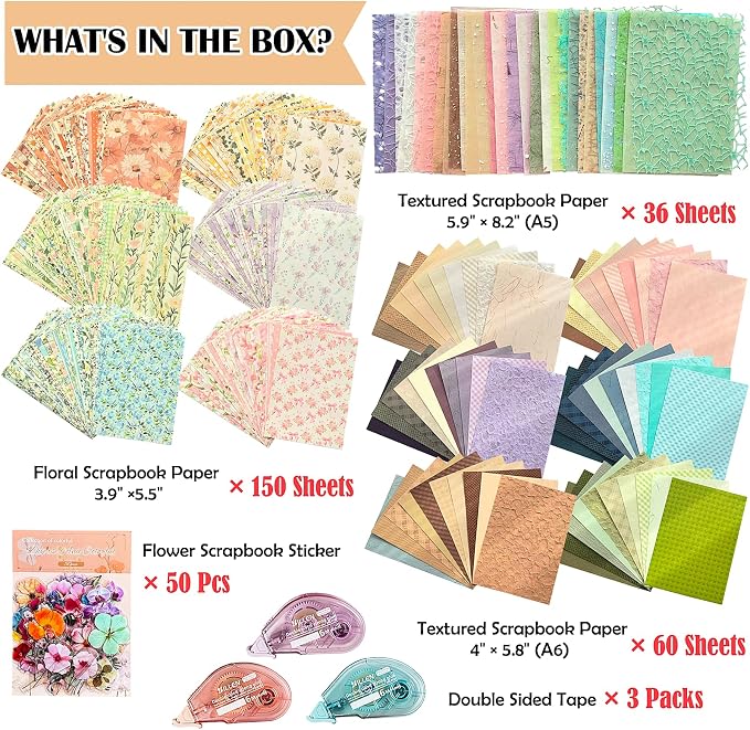 Flartmo Scrapbook Supplies Kit with 246 Sheets Textured & Floral Scrapbook Paper, 50 Pcs Flower Scrapbook Sticker & 3 Rolls Double-Sided Tape for Scrapbooking, Junk Journal, Card Making, Embellishment