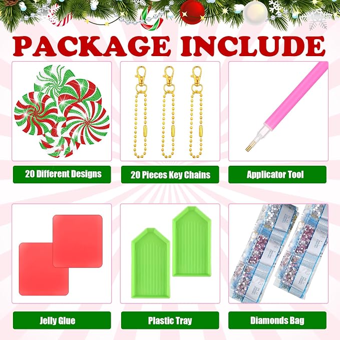 Tondiamo 20 Pcs Christmas Diamond Painting Keychain Kits