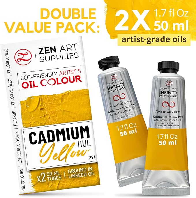 ZenART Professional Oil Paint Set - Artist Grade Cadmium Yellow Hue-2x50ml | Non-Toxic, Buttery Consistency, Rich Pigment, Lightfast Oil Paints for Primed Surface Canvas, Fine Art, Portraits & Landscape