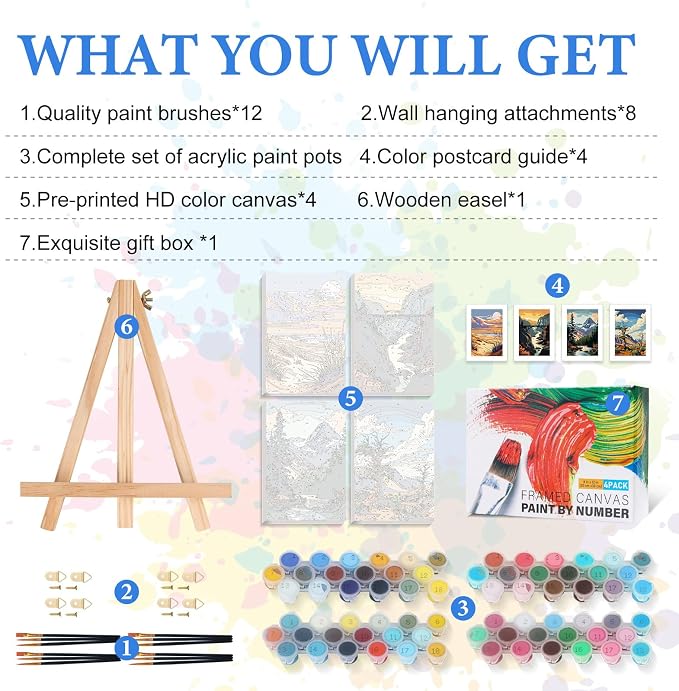 4 Pack National Park Paint by Numbers Kit for Adults Framed, Landscape Paint by Number Kits with Frame, DIY Acrylic Watercolor Adult Paint by Number Kits on Canvas for Home Decor Gift 8x12 Inch