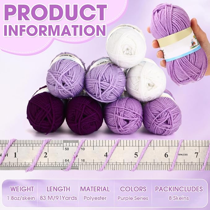 Buryeah Purple Series 8 Packs Crochet Yarn Knitting Bundle Beginner Acrylic Thread Fluffy Hand Tube Polyester Yarn Needles Bulky Kit Variety Pack 726 Yards for Weaving Crafts DIY Project Beginner