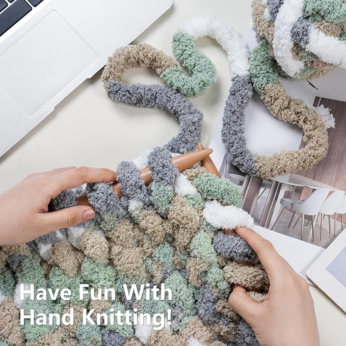 Cozyful Chunky Yarn for Hand Knitting - #10 Chunky Chenille Blanket Yarn, Jumbo Big Thick Chunky Yarns for Crocheting, Tie Dye Bulky Knit Yarns, 8 Skein (20 yds 8 oz Each Skein), Cream&Sage&Grey&Khaki