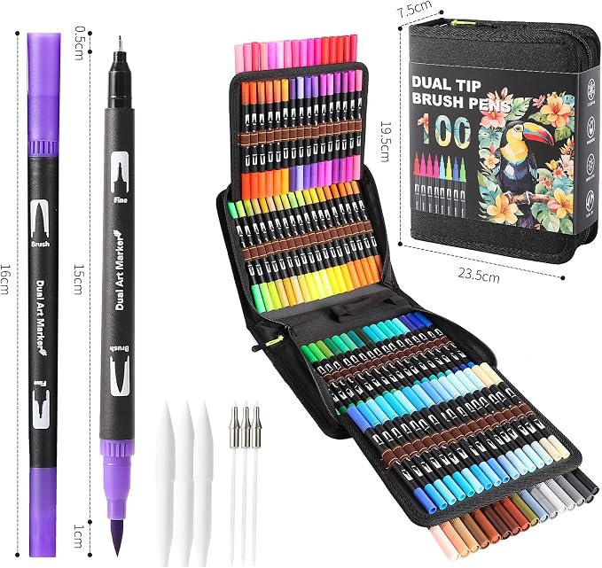 100 Colors Dual Tip Watercolor Markers Pens for School Supplies-Brush&Fine | Coloring Markers No Bleeding for Adult Coloring Books Calligraphy Card Making Sketching Journaling Note Taking Planner Travel