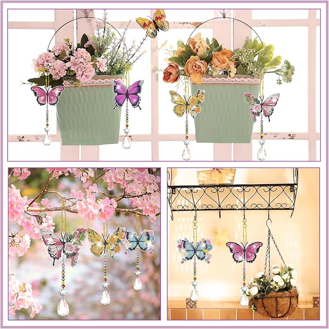 6 Pcs Diamond Painting Butterfly Wind Chimes Kits 5D DIY Crystal Diamonds Painting Suncatcher Christmas Ornament Double Sided Diamond Art Keychains Pendant Best Gifts for Mom