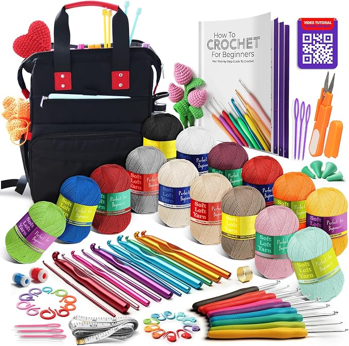 Crochet Kit for Beginners Adults and Kids - Beginner Crochet Kit for Adults with Step-by-Step Video Tutorials, Amigurumi and Crocheting Kit, Crochet Starter Kit with Crochet Yarn and Crochet Backpack
