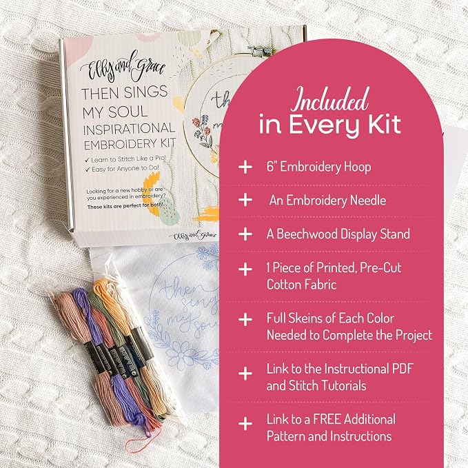 Elly & Grace Christian Embroidery Kit with Embroidery Hoop, Easy Embroidery Kit for Beginners and Adults, Full Embroidery Hoop Kit with Needles and Thread Included (Then Sings My Soul)