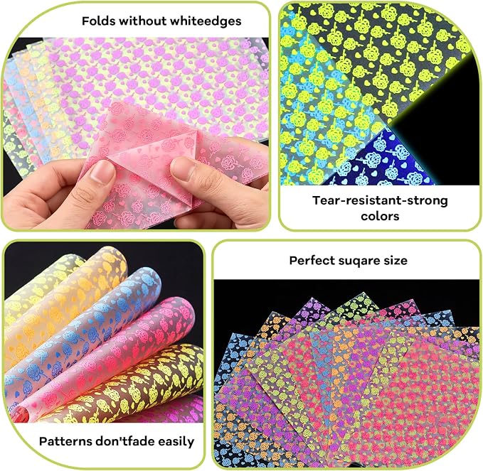 JoyCat Floral Glow in the Dark Origami Paper, 50 Sheets, 6x6 Inch | Five rose garden designs charge under light and glow in the dark for flowers, night decor, gifts and magical paper crafts.