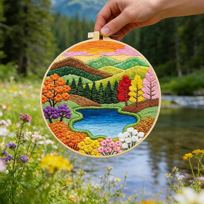 BEUNITONE 6 Pack Hand Embroidery Starter Kit for Adults with Pre-Print Scenery Pattern, Needlepoint Kits with Embroidery Hoop and Instructions, DIY Funny Craft Kits for Gifts and Home Decor
