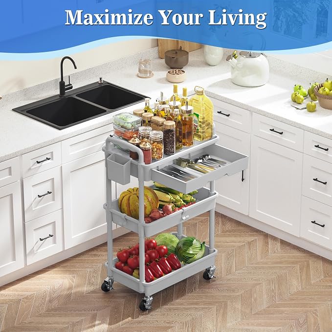 SUNALLY 3 Tier Rolling Cart with Drawer, Craft Storage Cart Organizer, Gray