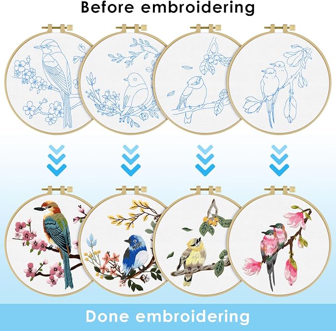 ERKOON 4 Sets Embroidery Kit for Beginners,Hummingbird and Flower Cross Stitch Set for Include Embroidery Cloth Hoops Threads for Craft Lover Hand Stitch (Flowers and Birds)