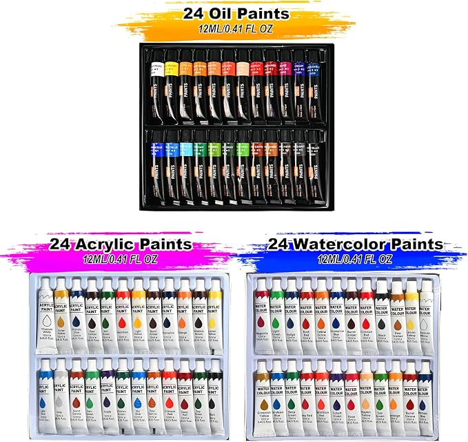 Goldge 140-Piece All-in-One Painting Kit with Tabletop Wood Easel Box | 72-Color Acrylic Watercolor Oil Paint Set, Canvases, 41 Paintbrushes & Art Supplies for Adults, Artists & Beginners
