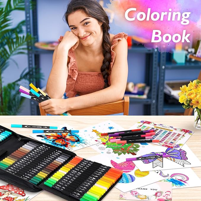 72-Color Dual Tip Markers, Fine & Brush Pens for adult coloring & lettering | 0.4mm Fineliner Pens, water-based non-toxic ink, carry bag, Note-Taking, Calligraphy, Journaling, Sketching and Lettering