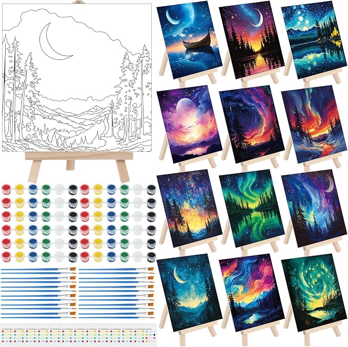 Tenceur 12 Sets Pre Drawn Canvas to Paint Adult Stretched Coloring Painting Canvas Panels with Design Easel and Brushes for Party Supplies Beginner Favor(Starry Aurora)